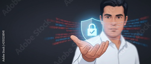 A man holding a shield with a lock icon, representing digital security and protection. The background displays abstract code and binary digits, suggesting a technology or cybersecurity theme.