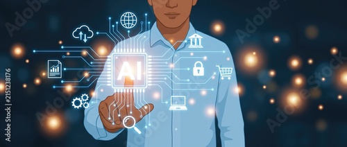 a man touching an AI interface surrounded by digital icons. The icons represent cloud computing, data, finance, security, and e-commerce, showcasing the interconnectedness of technology.