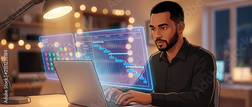 man working on a laptop with a holographic project management timeline projected in front of him, showcasing tasks and progress in a modern workspace