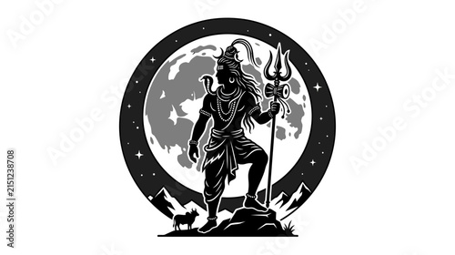 Bild auf Leinwand Hindu Deity Lord Shiva Standing on Mountain with Full Moon