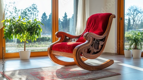 Elegant wooden rocking chair and plants in a sunny room