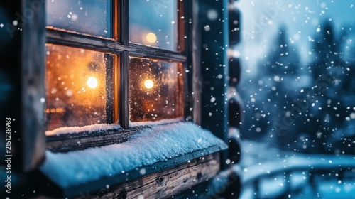 Snowy window with warm interior lights