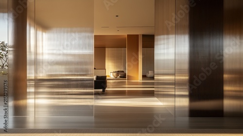 Modern interior design with sunlight and reflections