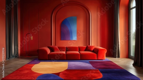 Modern living room interior with a red sofa and a colorful rug