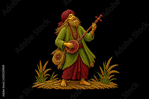 
Traditional Bengali Baul musician playing an ektara, crafted entirely from colorful rice grains on a black background.

