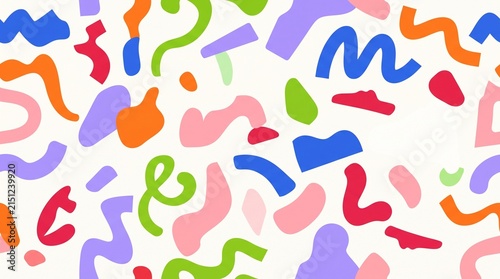 Seamless pattern with colorful abstract organic shapes and wavy lines on white background.
