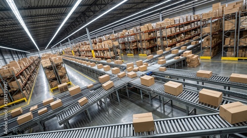 Obraz na płótnie Wide view of modern warehouse interior with extensive shelving units filled with boxes and automated conveyor systems for efficient distribution