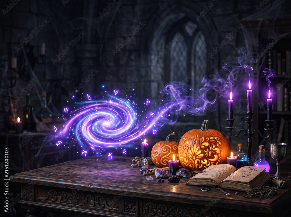 Fototapeta premium Halloween pumpkins with glowing magic spell and butterflies in a spooky library during nighttime
