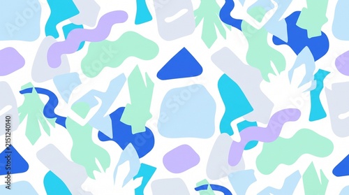 Seamless pattern with abstract organic shapes in blue and pastel colors.