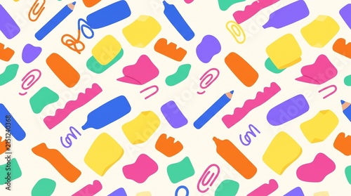 Seamless pattern with colorful school supplies and stationery items on a light background.
