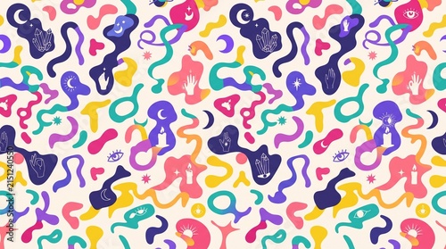 Abstract seamless pattern with colorful organic shapes and mystical symbols on a light background.
