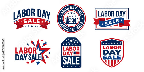 Set of labor day sale badges and labels with patriotic american flag colors and star design elements