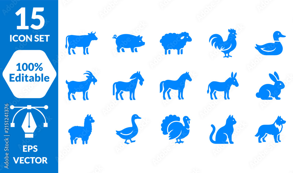 Naklejka premium Blue Farm Livestock Silhouette Icon Set for Agriculture and Ranch Graphic Design