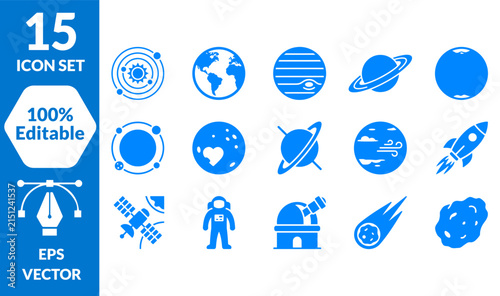 Astronomy and space exploration icon set with planets, rocket, and astronaut vector design