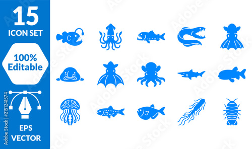 Deep sea creatures and marine life silhouettes including squid octopus shark