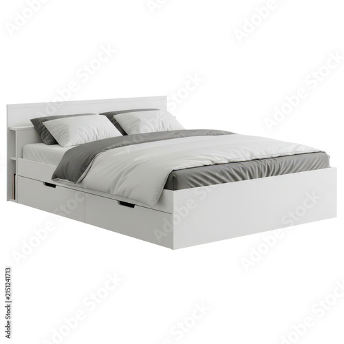 Modern white bed frame with storage drawers isolated on white background