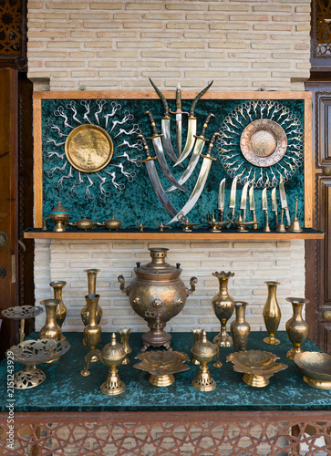 Display of Traditional Metalwork in a Market in Uzbekistan