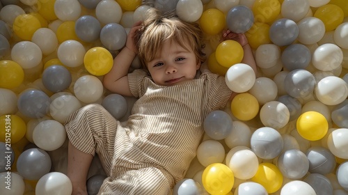 Happy toddler playing in ball pi, cute little boy hiding his eyes with plastic balls in ball pit