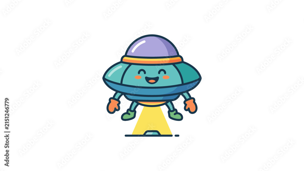 Fototapeta premium Cute alien UFO spaceship character beaming.