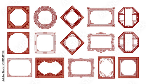 Collection of traditional red Chinese style vector frames and decorative ornamental borders for oriental design