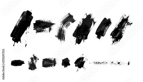Set of black paint brush strokes and ink drips for grunge vector texture design