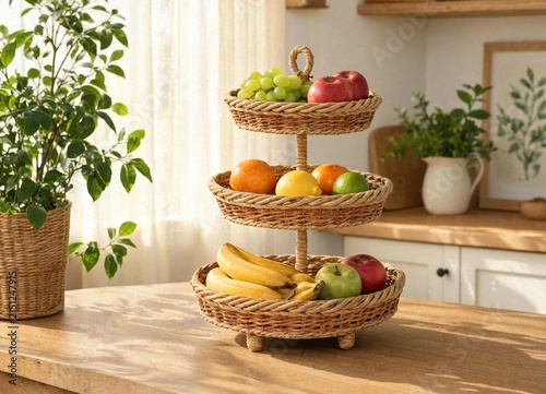 Threetier wicker fruit stand filled with fresh produce on a wooden table