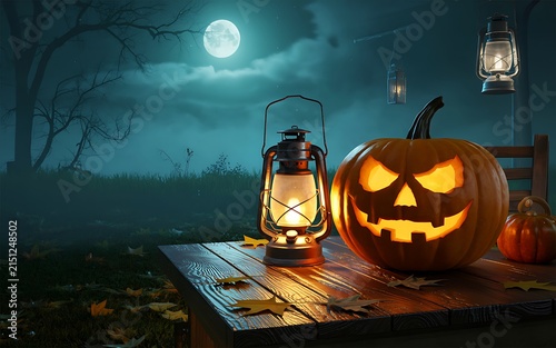 Glowing pumpkin sits on a wooden deck next to a lantern in the night forest.