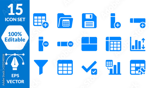 Blue Vector Icon Set Featuring Data Management Tools and Spreadsheet Interface Elements