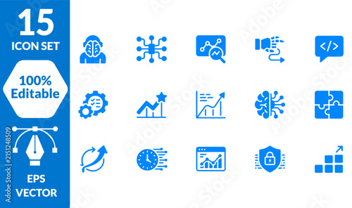 Technology and data analysis blue icon set featuring business growth and digital concepts
