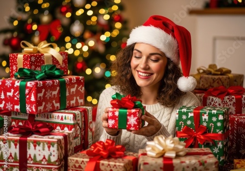 Christmas Joy: A smiling woman in a Santa hat opens a beautifully wrapped gift, surrounded by a festive pile of Christmas presents and a twinkling tree, embodying the spirit of holiday cheer.