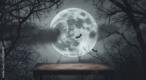 Wooden platform rests beneath a bright full moon in a misty dark forest.