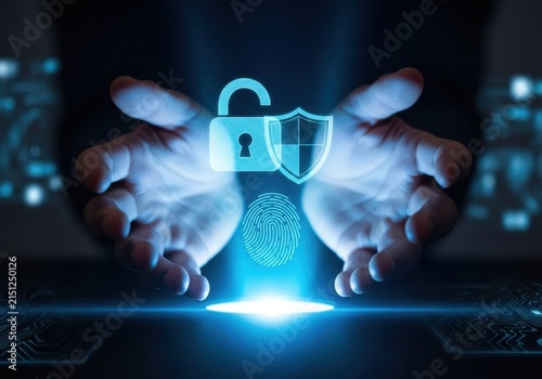 Digital Security Unveiled: Two open hands illuminated by a digital glow cradle a glowing hologram of a lock, shield, and fingerprint, symbolizing advanced data protection and cybersecurity.