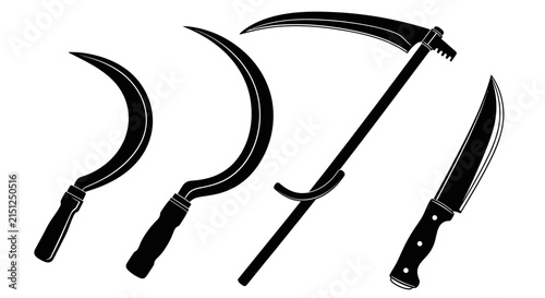 Foto Four black silhouettes of knives and sickles on white background with agricultur