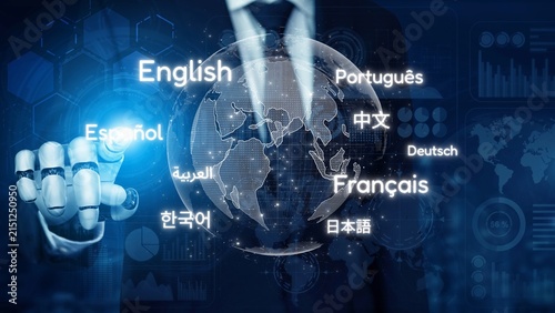 Bild auf Leinwand Global communication with multiple languages, digital translation tools, multilingual technology, cross-cultural communication, and virtual language learning environments