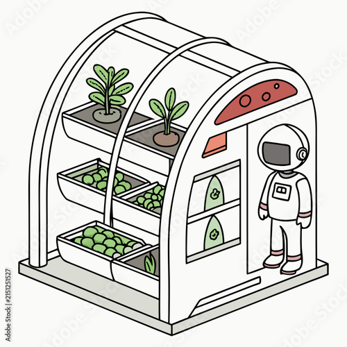 Isometric view of astronaut working in futuristic hydroponic space greenhouse with astronaut
