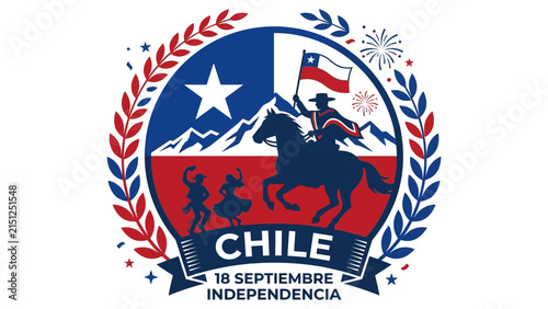 Chilean national independence day emblem with flag mountain horse rider dancers firework laurel borders for tshirt print