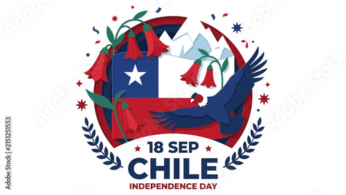 Chile independence day graphic concept with flag, Condor bird, mountain peaks and red flowers for 18 September celebration
