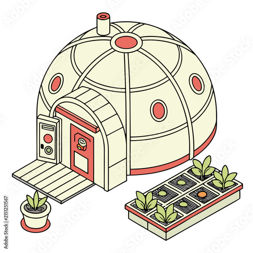 Isometric futuristic domed habitation unit with outdoor vegetable garden greenhouse habitation
