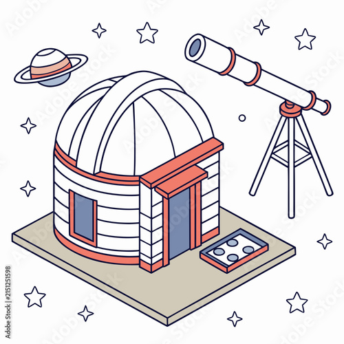 Isometric observatory dome with telescope and planets against starry sky observatory telescope