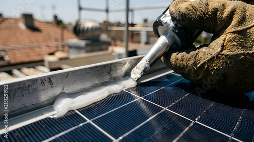 solar panel installation maintenance | applying silicone sealant to solar panels | professional rooftop solar panel repair | worker sealing solar panel edges
