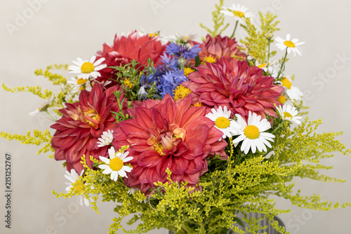 Colorful Summer Bouquet with Red Dahlias White Daisies and Blue Cornflowers
