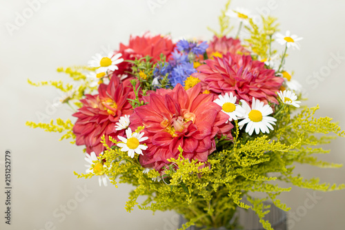 Bright Red Dahlia Bouquet with White Daisies and Lush Greenery