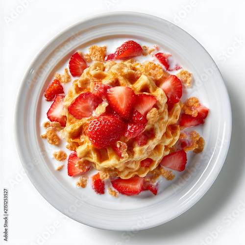 Delicious golden waffles topped with sweet strawberries and crunchy cereal, served with milk for a delightful morning meal