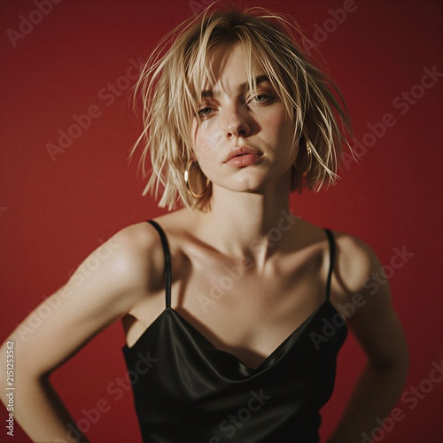 A portrait of a young woman with a captivating, slightly melancholic expression against a vibrant red backdrop.
