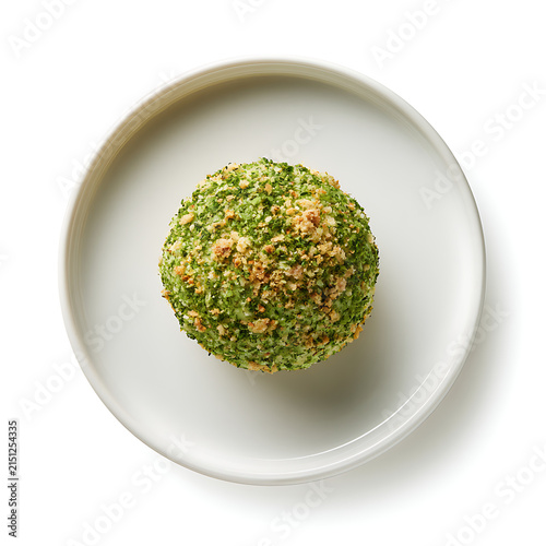 Gourmet Herb Crusted Cheese Ball Appetizer on White Plate Isolated Top View