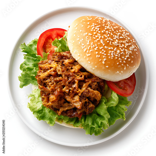 Gourmet Pulled Pork Burger with Fresh Lettuce and Tomato, Top View on White Plate. Delicious and Appetizing Fast Food