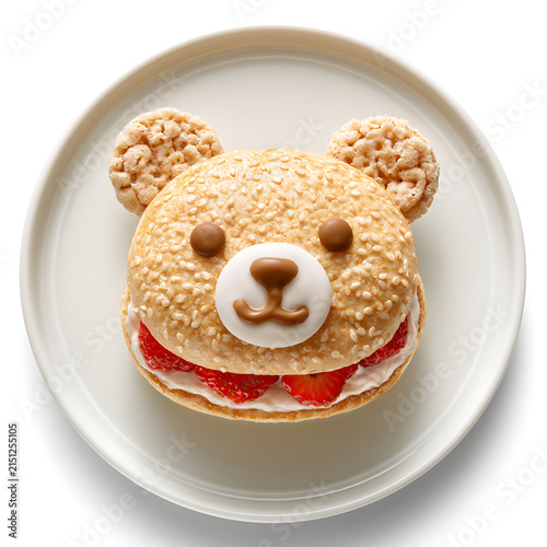 Cute Teddy Bear Shaped Dessert Sandwich with Fresh Strawberries and Cream