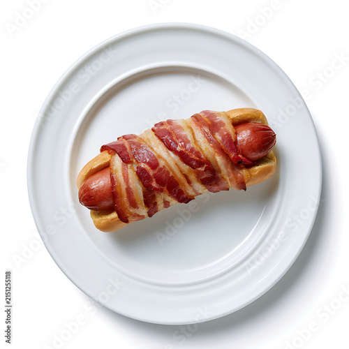 Bacon Wrapped Hot Dog on a White Plate