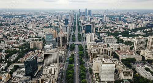 Aerial view of the iconic Avenida 9 de Julio in Buenos Aires, Argentina, featuring dense urban architecture.