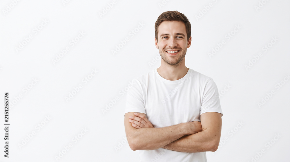 Fototapeta premium Professional visualization of smiling man standing with crossed arms on a white background, perfect for promotional and modern
